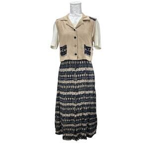 Vintage Boho Southwestern Vest Maxi Dress Set Aztec Print Earthy Neutral Medium